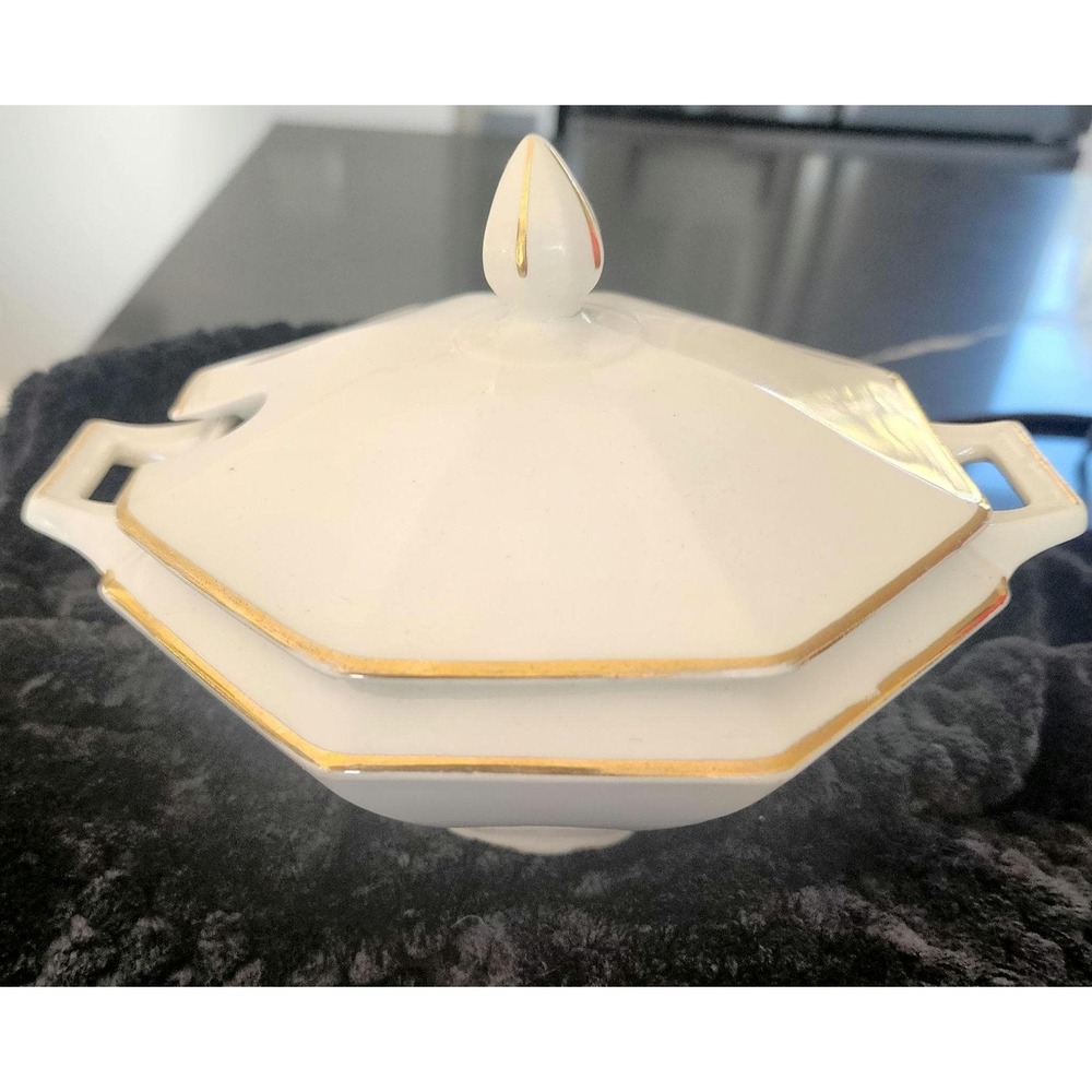 Vintage Johnson Bros Soup Tureen White Gold Octagonal Serving Dish England